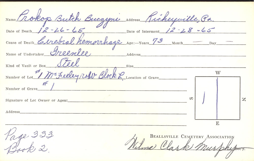 Prokop Butch (Buczyni) burial card